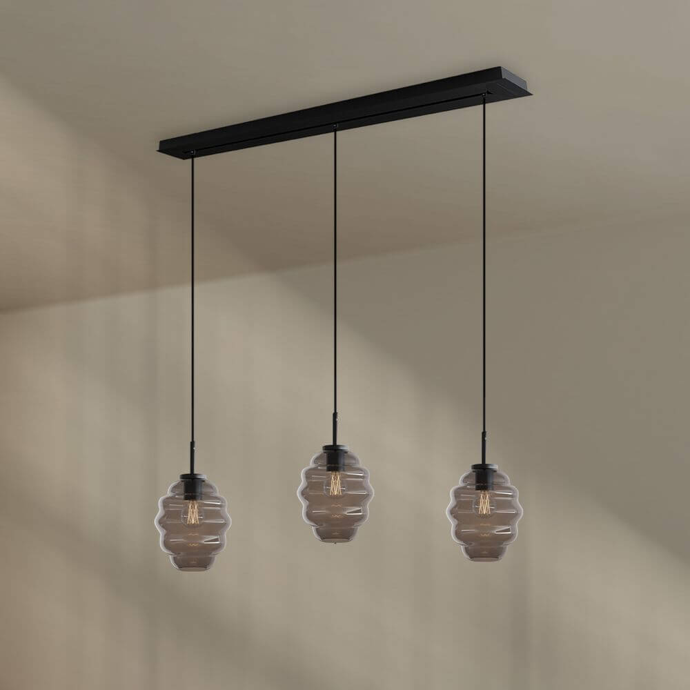 s.luce Echos Esstisch-Hängelampe 3-flammig 120cm Ø 18cm mit drei mundgeblasenen Glaskörpern in Rauch.