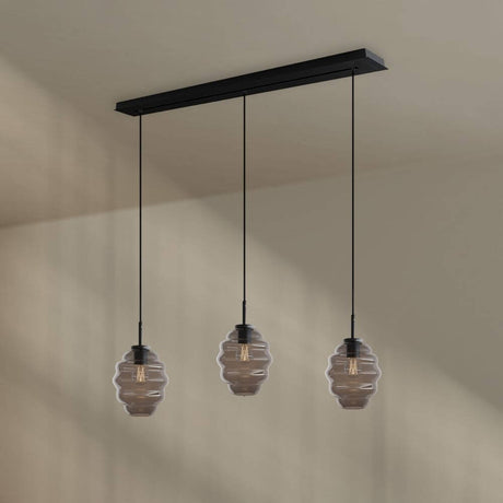 s.luce Echos Esstisch-Hängelampe 3-flammig 120cm Ø 18cm mit drei mundgeblasenen Glaskörpern in Rauch.