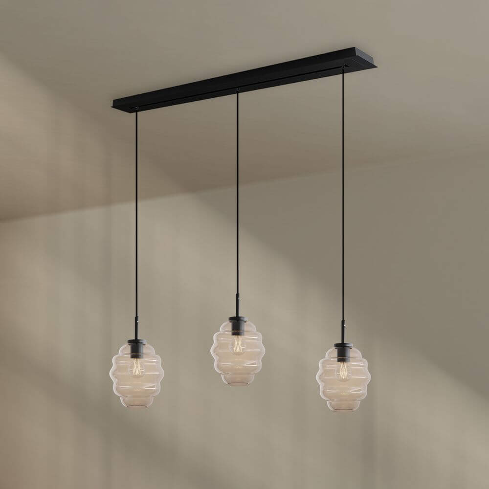 s.luce Echos Esstisch-Hängelampe 3-flammig 120cm Ø 18cm mit mundgeblasenen Glaskörpern in hochwertigem Design.