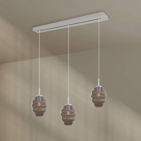 s.luce Echos Esstisch-Hängelampe 3-flammig 120cm Ø 18cm mit drei strukturierten Glaskörpern in Braun.