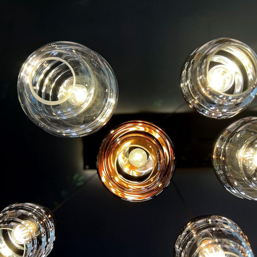 s.luce Echos Esstisch-Hängelampe 3-flammig 120cm Ø 18cm mit mundgeblasenen Glaskörpern und warmem Licht.