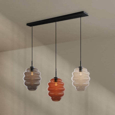 s.luce Echos 3-light dining room pendant light 120cm Ø 25cm with mouth-blown glass elements.