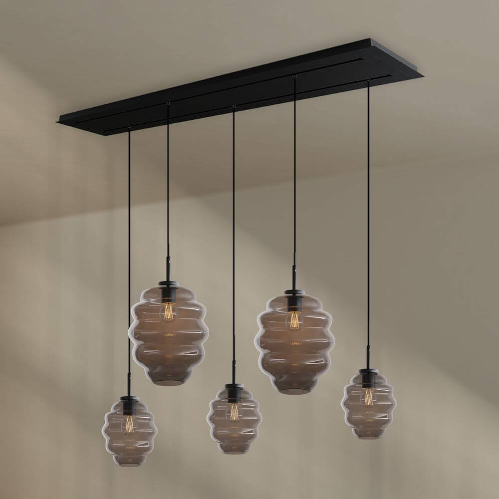 s.luce Echos Esstischlampe 5-flammig 2-reihig 160cm Ø 18/25cm mit eleganten Glaskörpern