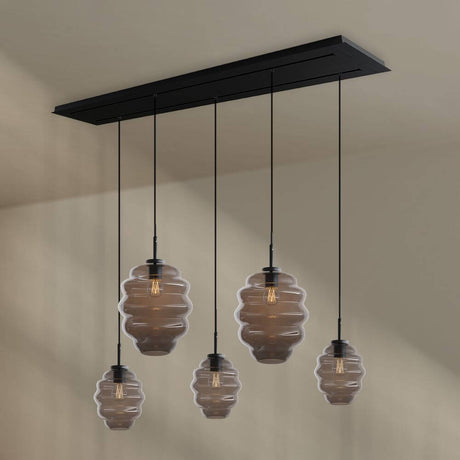 s.luce Echos spisebordslampe med 5 lyskilder, 2-radet, 160 cm, Ø 18/25 cm med elegante glasskropper
