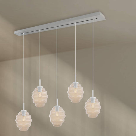 s.luce Echos 5-flammige Esstischleuchte mit mundgeblasenen Glaskörpern und 160 cm Baldachin.