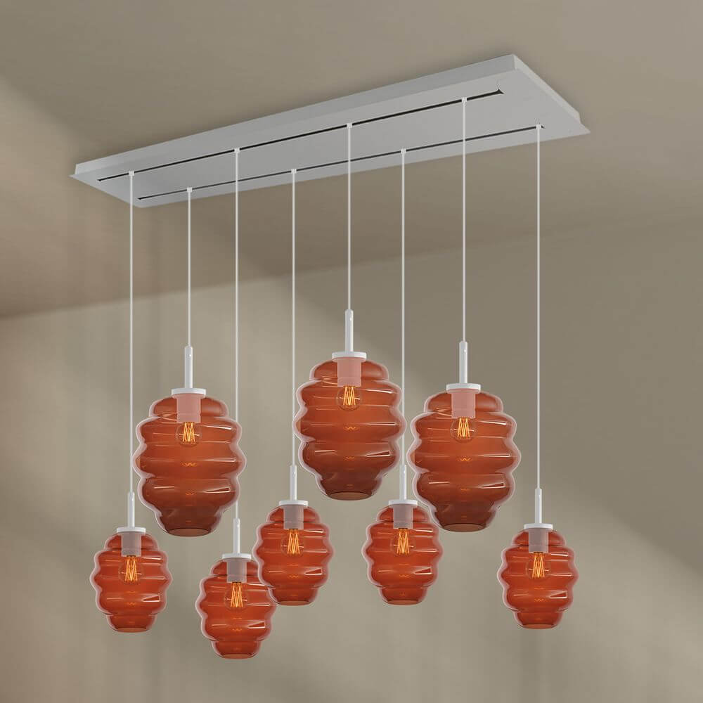 s.luce Echos Esstischleuchte 8-flammig 160cm 2-reihig Ø 18/25cm mit modernen, eleganten Glaskörpern.