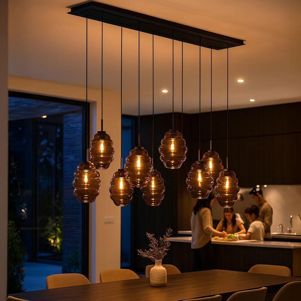 s.luce Echos Esstischleuchte 8-flammig mit mundgeblasenen Glaskörpern, elegantes Lichtdesign über Esstisch.