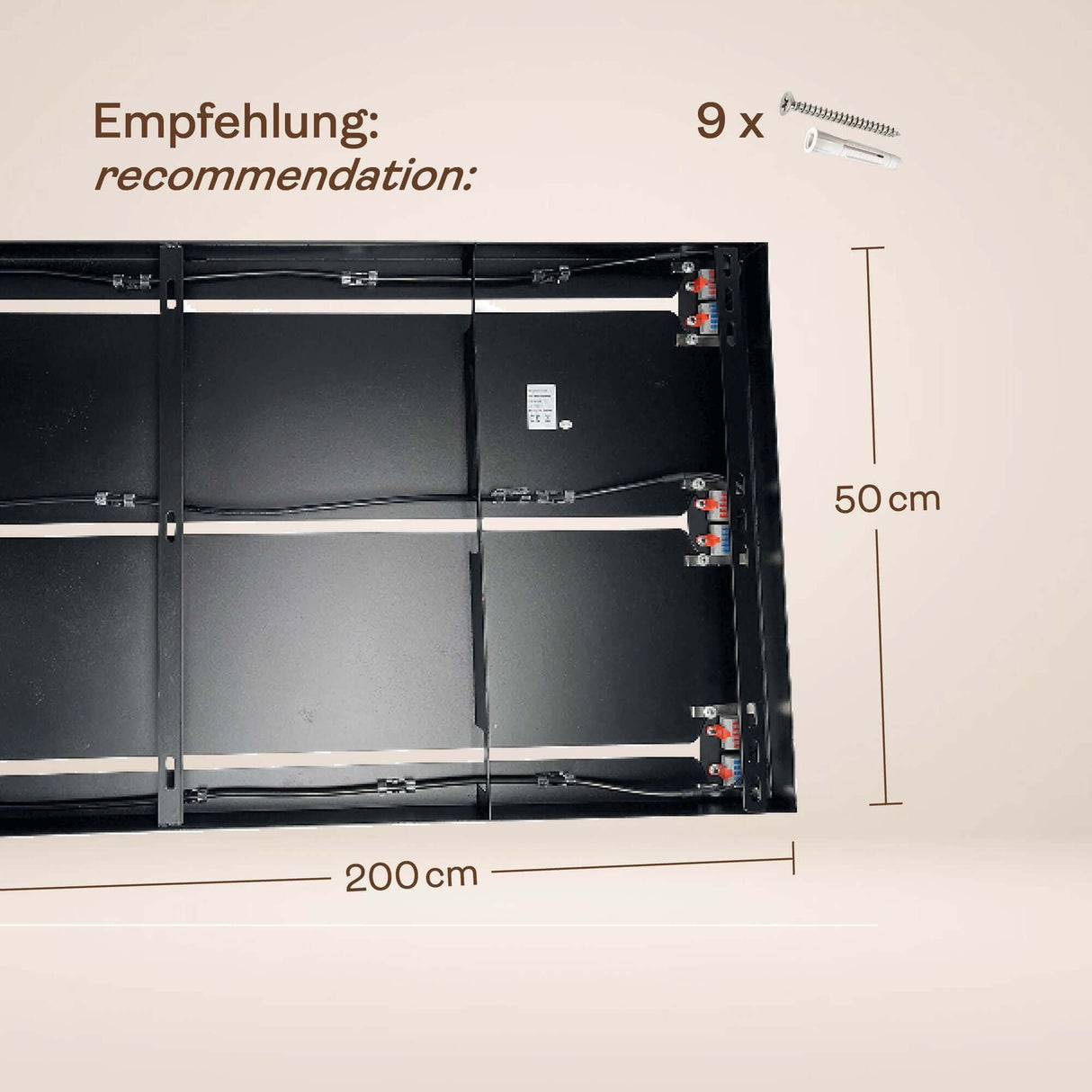 Blick auf die Unterseite der s.luce Echos Esstischleuchte 8-flammig 200cm 3-reihig Ø 25cm mit empfohlener Montage.