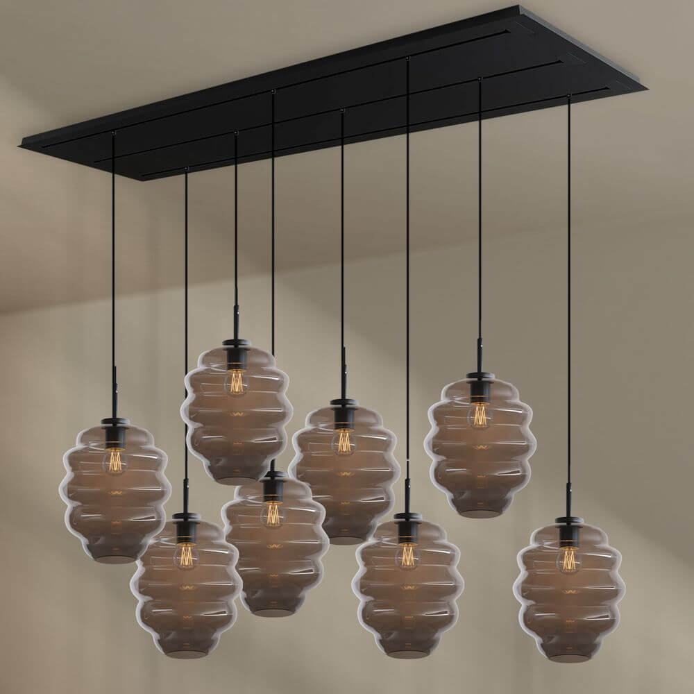 s.luce Echos Esstischleuchte 8-flammig 200cm 3-reihig Ø 25cm mit eleganten Glaskörpern.