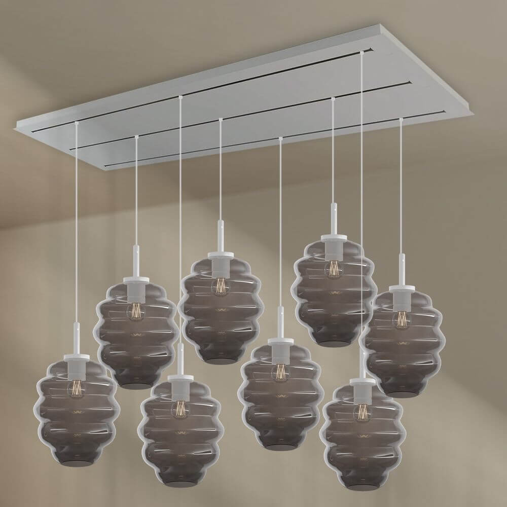 s.luce Echos Esstischleuchte 8-flammig mit rauchfarbenen Glaskörpern und modernem Design, ideal für große Tische.