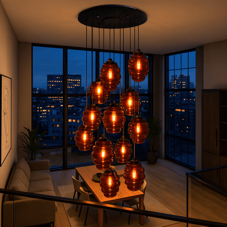 s.luce Echos 12-flammige Pendelleuchte mit braunen Glaskörpern in modernem Wohnraum bei Nacht.
