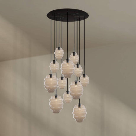 s.luce Echos Galerieleuchte 12-flammig mit mundgeblasenen Glaspendel in Braun, Wasserbewegungs-Design.
