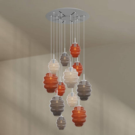 s.luce Echos Galerieleuchte 12-flammig mit mundgeblasenen Glaskörpern in Braun, Rauch und Klar, Ø 80cm.