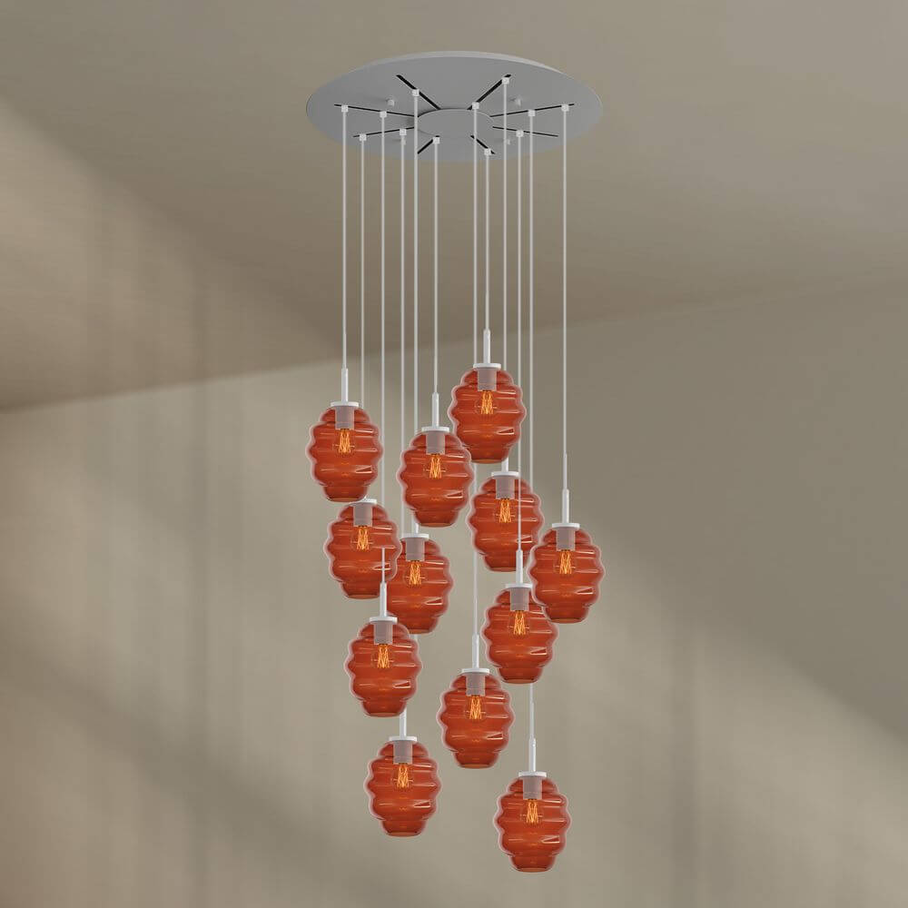 s.luce Echos Galerieleuchte 12-flammig mit rot-orange Glaskörpern und modernem Baldachin.
