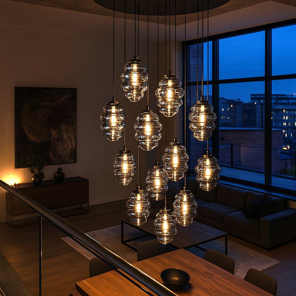 s.luce Echos Galerieleuchte mit 12 mundgeblasenen Glaskörpern in einem modernen Wohnzimmer bei Nacht.