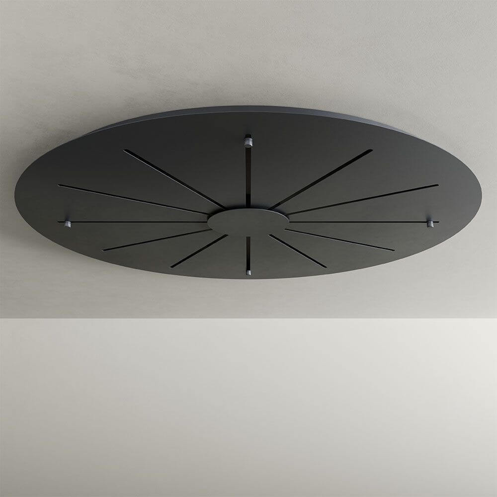 Schwarzer Baldachin in ovaler Form mit dekorativem Design für moderne Leuchten.