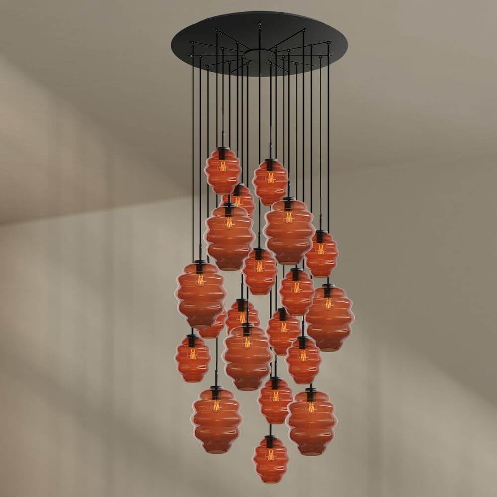 s.luce Echos Galerieleuchte 20-flammig, strukturierte Glaskörper in Orange, für große Räume, Ø 120cm Baldachin.