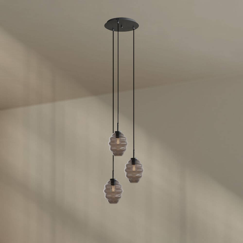 s.luce Echos Galerieleuchte 3-flammig mit mundgeblasenen Glaskörpern in Braun, Ø 40cm Baldachin für stilvolle Beleuchtung.