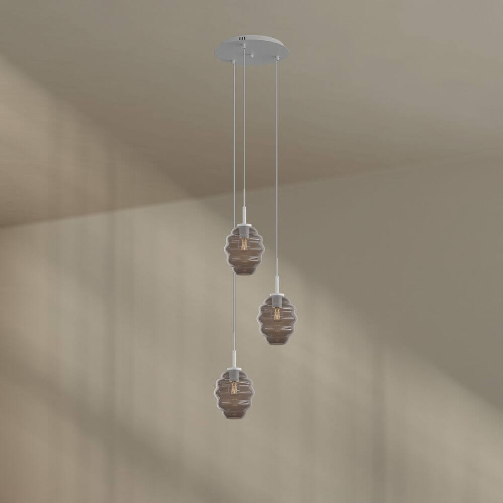 s.luce Echos 3-flammige Galerieleuchte mit mundgeblasenen Glaskörpern in Braun, Ø 40cm Baldachin.