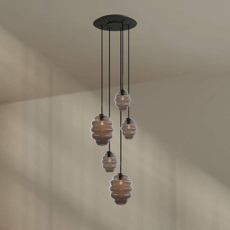 s.luce Echos 5-light gallery light Ø 60 cm canopy Ø 18/25 cm with mouth-blown glass bodies.