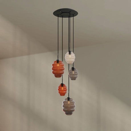 s.luce Echos 5-light gallery light Ø 60 cm canopy Ø 18/25 cm with hand-blown glass bodies.