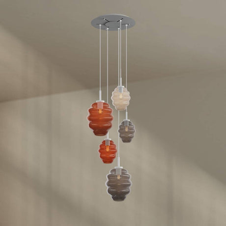 s.luce Echos 5-light gallery light Ø 60 cm canopy Ø 18/25 cm with colorful glass bodies in various sizes.