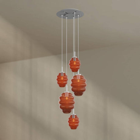 s.luce Echos 5-light gallery light Ø 60 cm canopy Ø 18/25 cm with orange glass bodies.