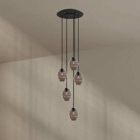 s.luce Echos Galerieleuchte 5-flammig Ø 60cm Baldachin Ø 18cm mit fünf mundgeblasenen Glaskörpern.