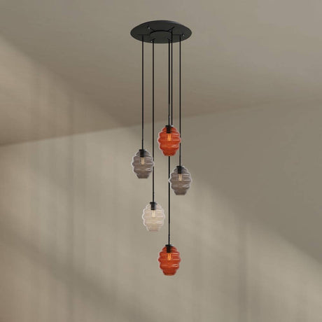 s.luce Echos Galerieleuchte 5-flammig Ø 60cm Baldachin Ø 18cm mit bunten Glaskörpern