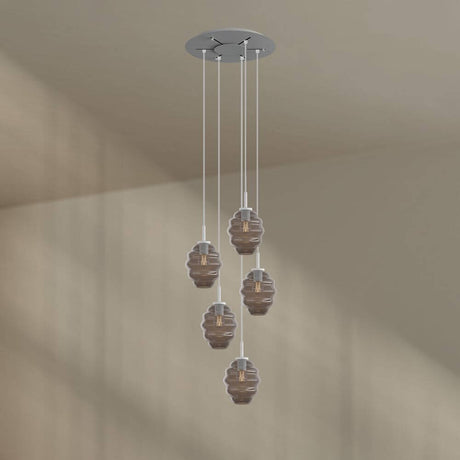 s.luce Echos Galerieleuchte 5-flammig Ø 60cm Baldachin Ø 18cm mit mundgeblasenen Glaskörpern in Braun