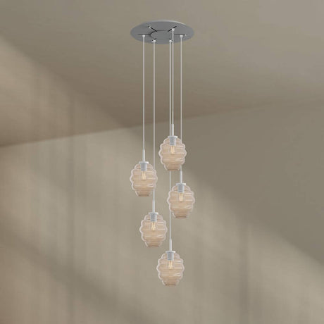 s.luce Echos Galerieleuchte 5-flammig Ø 60cm Baldachin Ø 18cm mit fünf mundgeblasenen Glaskörpern.