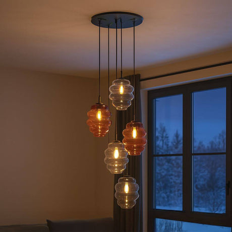 s.luce Echos gallery light 5-light Ø 60 cm canopy Ø 25 cm with colorful glass elements in a modern room.