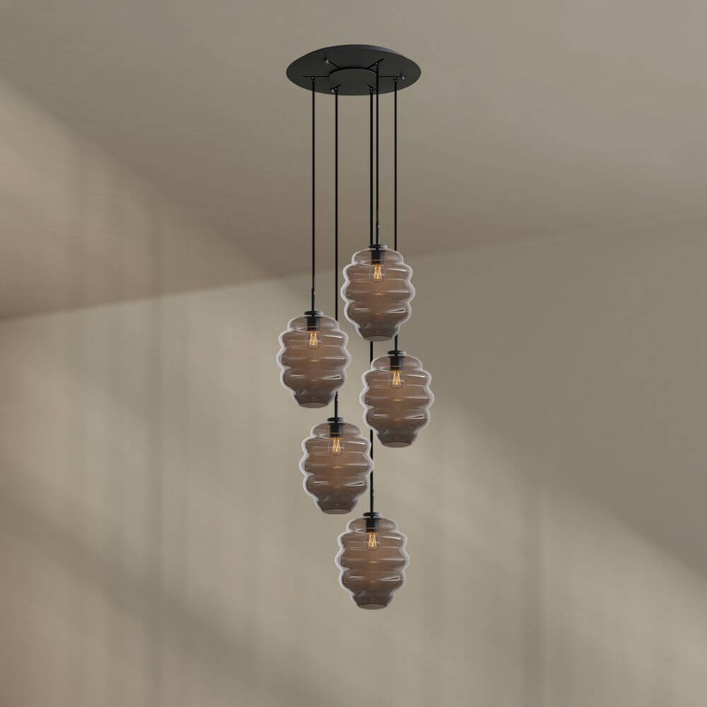 s.luce Echos Galerieleuchte 5-flammig Ø 60cm Baldachin Ø 25cm mit stilvollen Glaskörpern