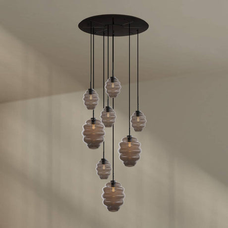 s.luce Echos 8-light gallery light Ø 80cm canopy Ø 18/25cm with eight mouth-blown glass bodies.