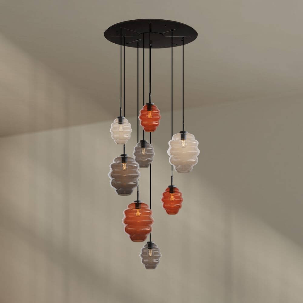s.luce Echos Galerieleuchte 8-flammig Ø 80cm Baldachin Ø 18/25cm mit bunten Glaskörpern