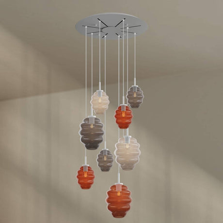 s.luce Echos 8-light gallery light Ø 80cm canopy Ø 18/25cm with colorful glass bodies.