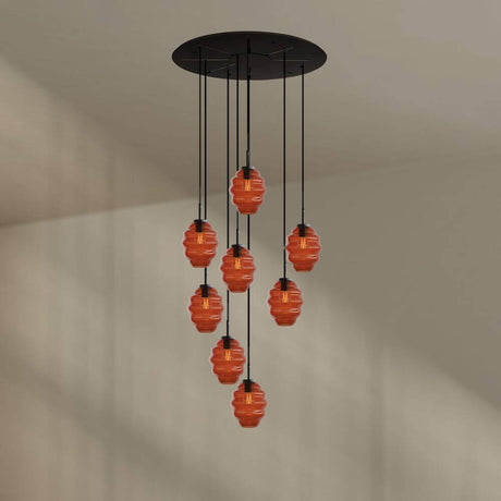 s.luce Echos Galerieleuchte 8-flammig Ø 80cm Baldachin Ø 18cm mit orangefarbenen Glaskörpern