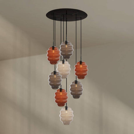 s.luce Echos Galerieleuchte 8-flammig Ø 80cm Baldachin Ø 25cm mit farbigen Glaskörpern in modernem Design.
