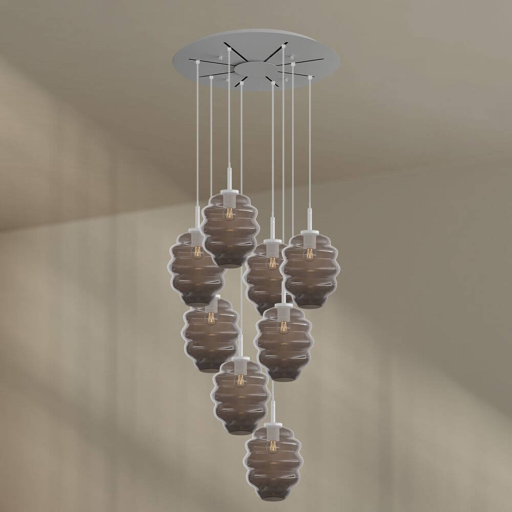 s.luce Echos Galerieleuchte 8-flammig Ø 80cm Baldachin Ø 25cm mit mundgeblasenen Glaskörpern in Rauch.