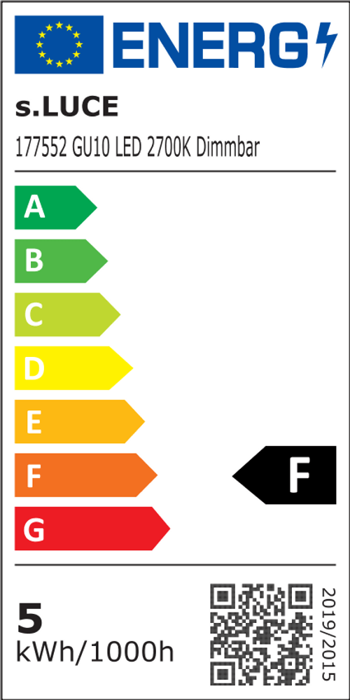 s.luce GU10 LED Lampadina luce bianca calda 2700K 450lm dimmerabile - etichetta di efficienza energetica con classificazione F.