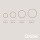 Vergleich der Größen der s.luce Globe Kugelleuchten: Ø 30 cm, Ø 40 cm, Ø 50 cm und Ø 60 cm.