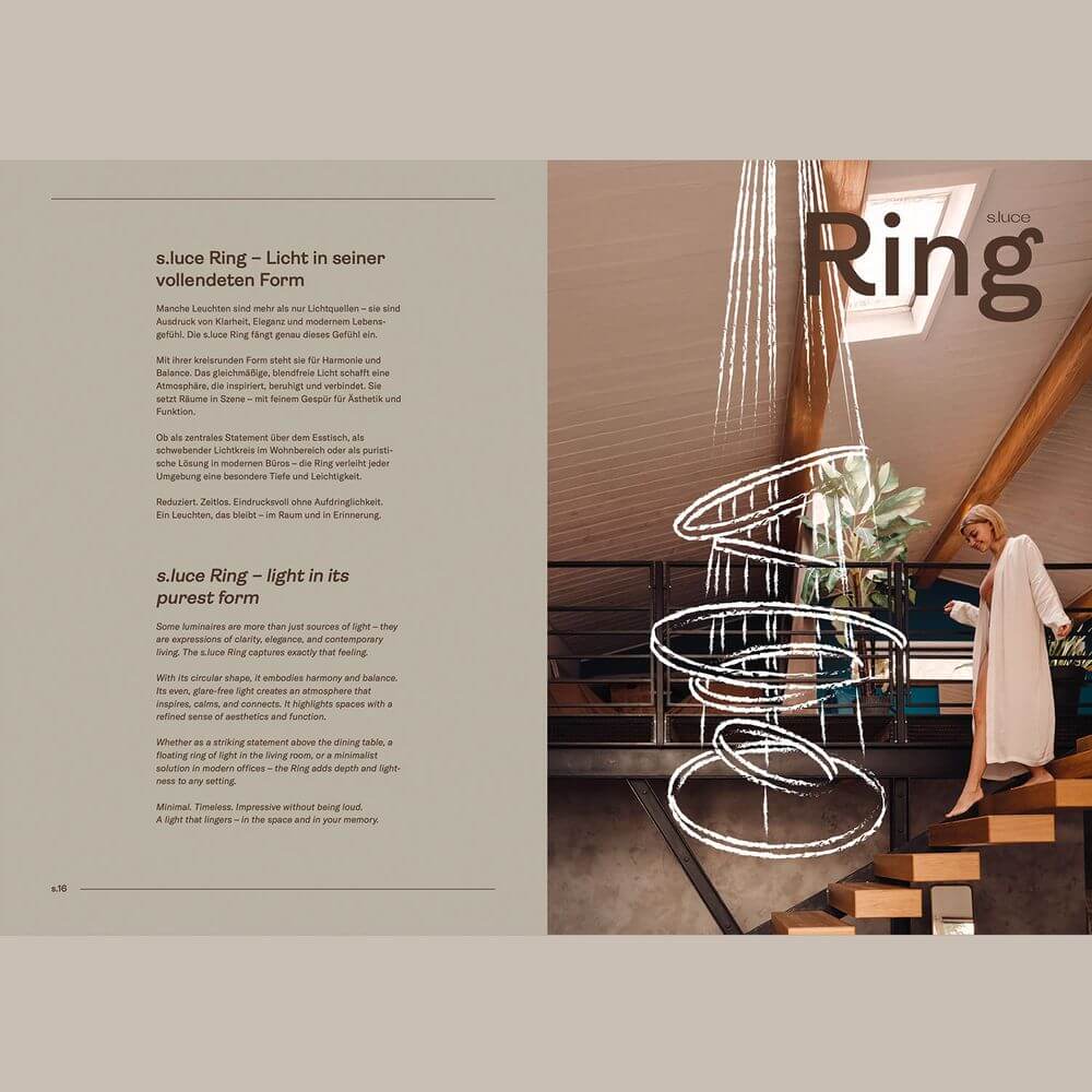 s.luce® Katalog - homecoming lights mit s.luce Ring in seiner vollendeten Form und stilvoller Raumgestaltung.