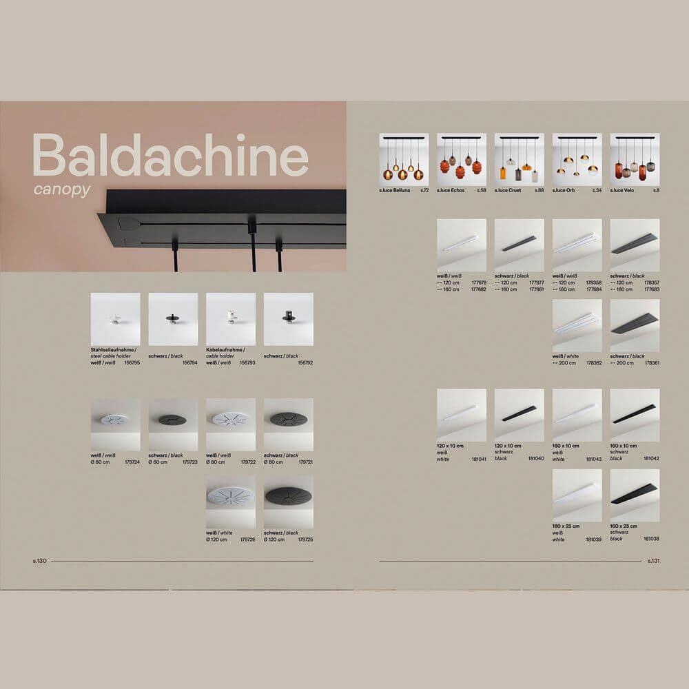 Katalog s.luce® - homecoming lights. Produktseite Baldachine & Canopy-Details im 140-seitigen Katalog