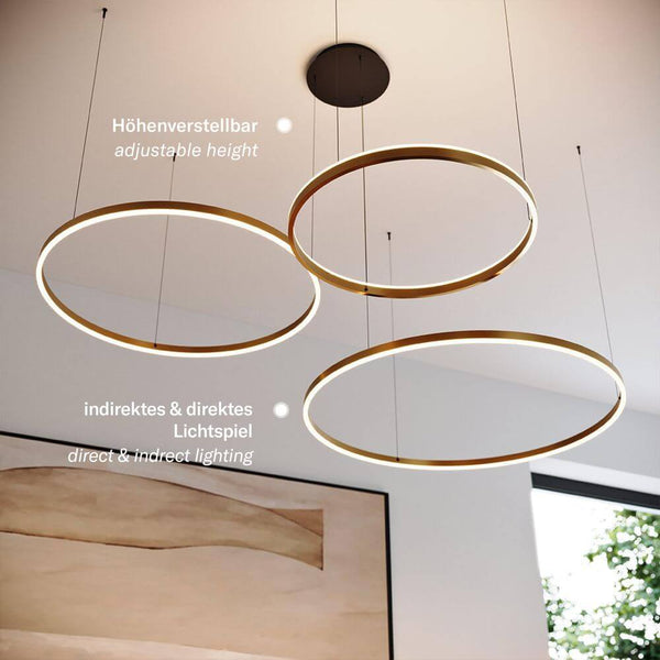 s.luce LED Ring pendelarmatuur 3-lamps excentrisch met in hoogte verstelbare ringen en indirect lichtspel.