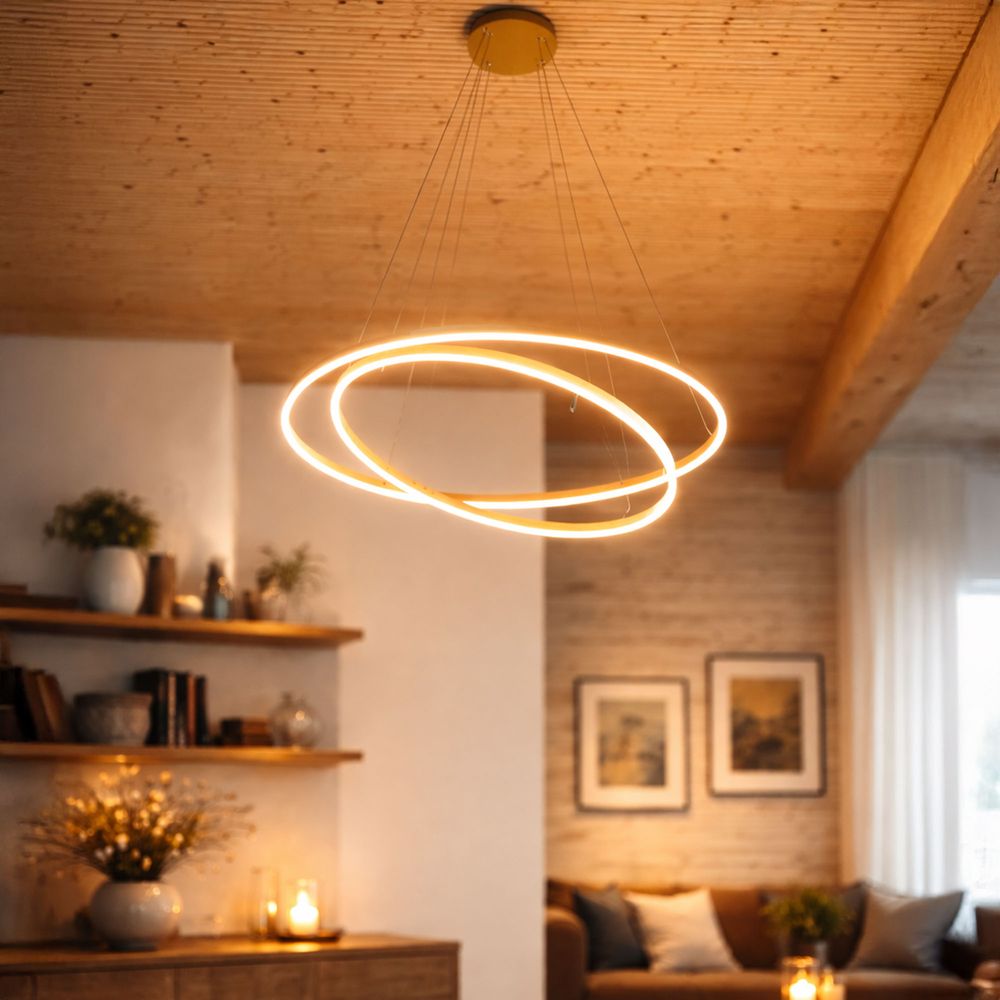 s.luce LED Ring Hängeleuchte 2-flammig Zentrisch mit modernen Lichtringen im Wohnzimmer