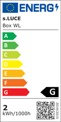 Energieeffizienzlabel für s.luce Box WL, zeigt Klasse G und Verbrauch von 2 kWh pro 1000h.