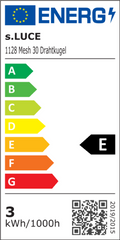 Energielabel der s.luce Mesh 30 Drahtkugel mit Effizienzklasse E und Verbrauch von 3 kWh/1000h.