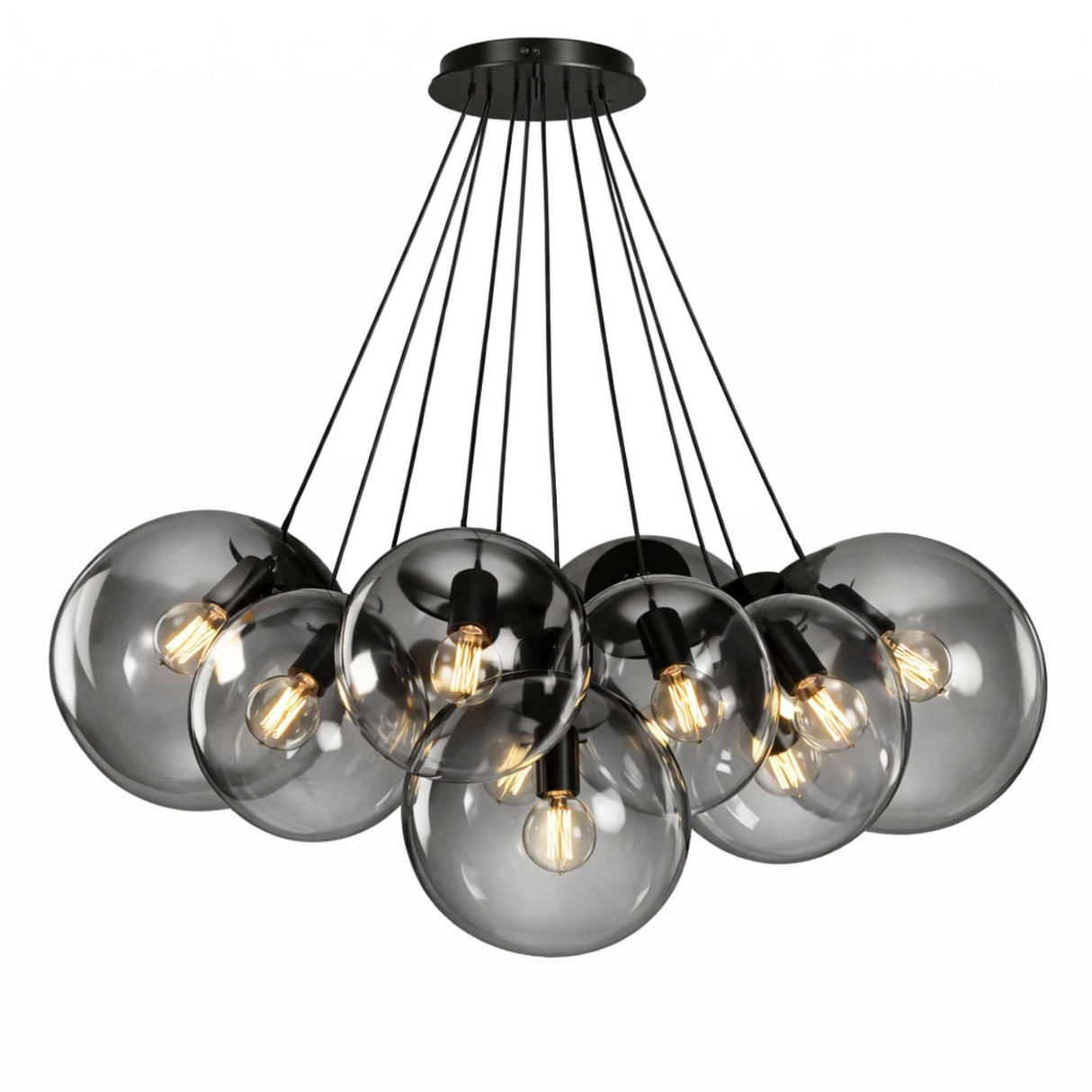 s.luce Orb Cluster Glas-Pendelampe 13-flammig 13x30cm, moderne Pendelleuchte mit 13 eleganten Glaskugeln in Wohnraum.