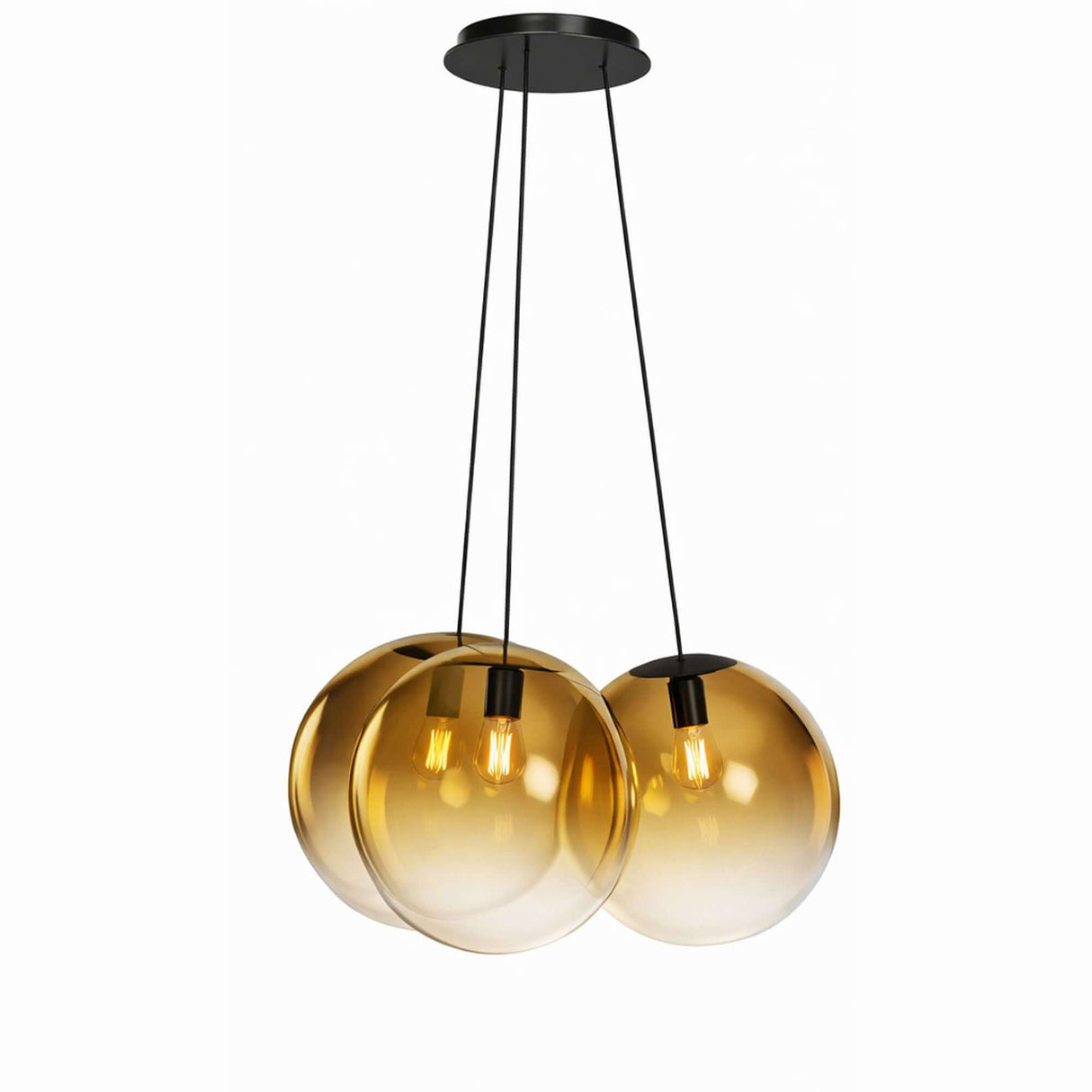 s.luce Orb Cluster Glas-Hängelampe 3-flammig 3x20cm in modernem Design mit goldenen Glaskugeln für stilvolle Beleuchtung im Wohnzimmer.