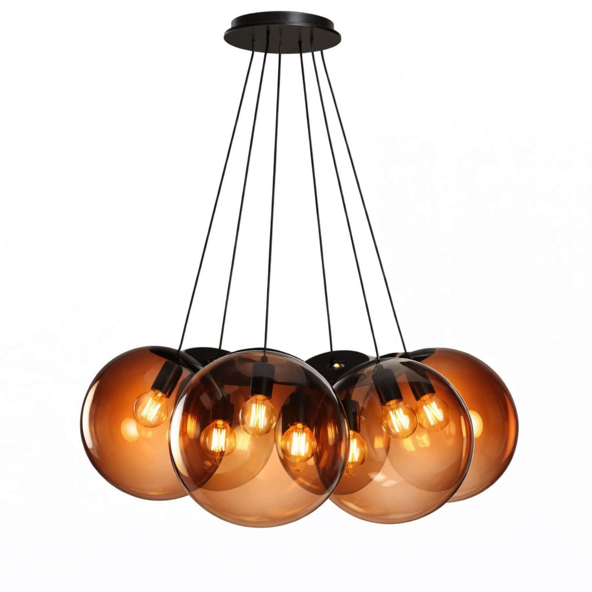 s.luce Orb Cluster Mehrfach-Pendelleuchte 7-flammig 7x20cm in modernem Design mit amberfarbenen Glaskugeln.